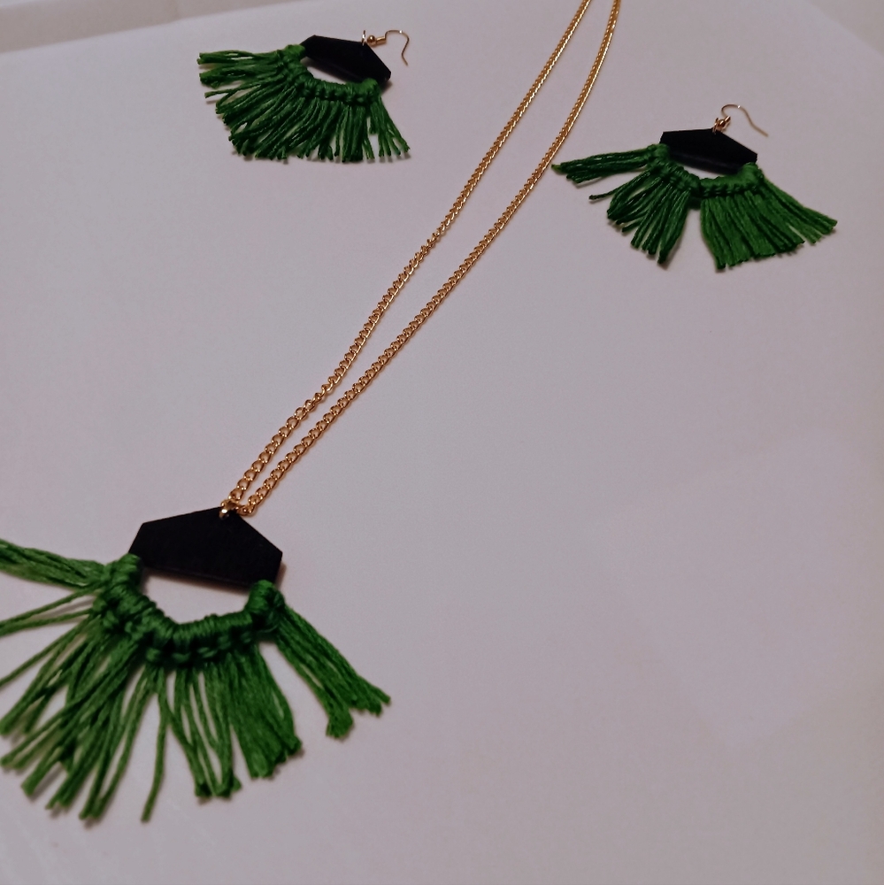Green Tassel Necklace Set by Skye's Creations